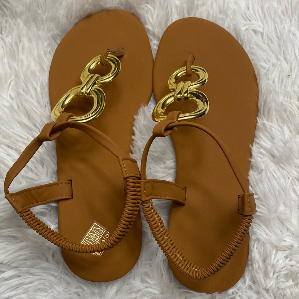 Women's Tan Sandals with Gold Chain Accent